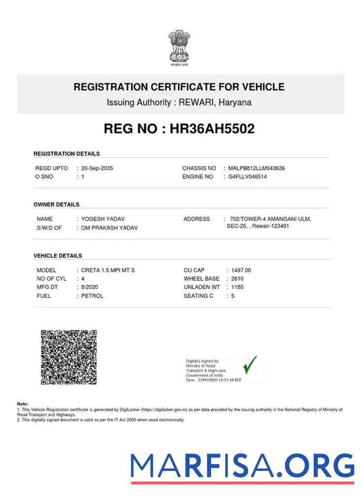 Printable India vehicle registration certificate example